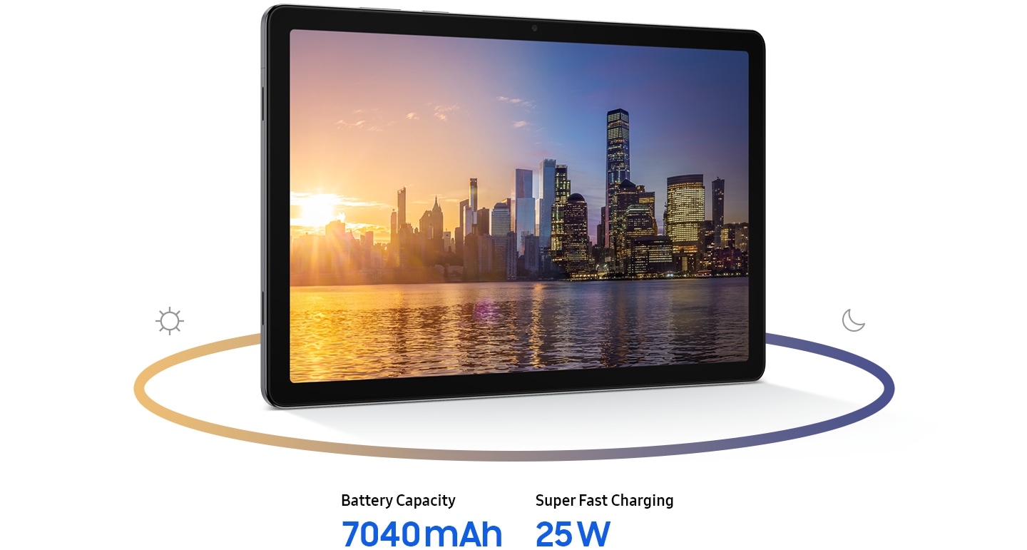La pantalla de una Galaxy Tab A11+ colocada horizontalmente muestra una vista de la ciudad desde el otro lado de una masa de agua. En el lado izquierdo se muestra el día con la salida del sol; en el derecho, se muestra la noche con un cielo azul más oscuro y edificios iluminados. En la parte inferior se lee: «Capacidad de la batería 7040 mAh» y «Carga súper rápida 25 W.